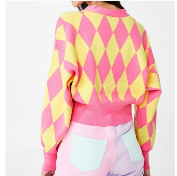 Lazy Oaf Pink And Yellow Harlequin Cardigan - Picture 2 of 5
